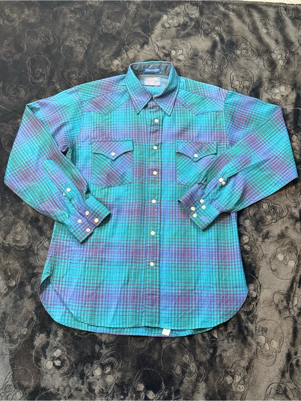Vintage Sir Pendleton M Wool Pearl Snap Western Shirt USA Teal Plaid 70s
